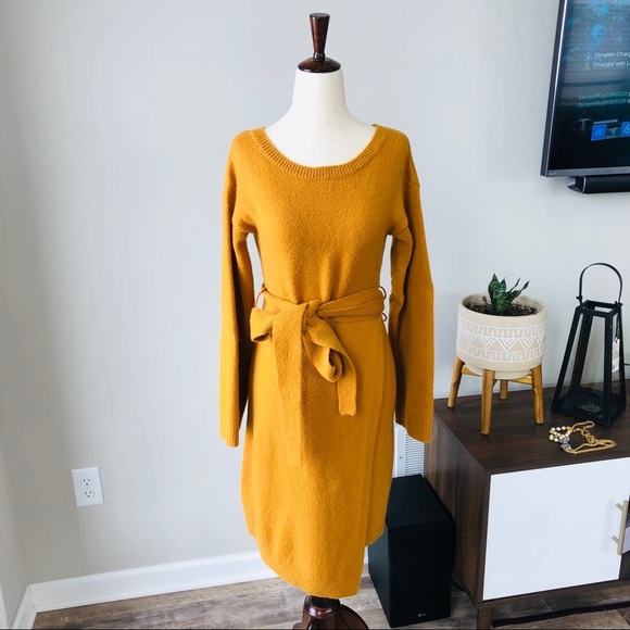 Express Wrap Cozy Warm Mustard Sweater Midi Dress with Belt with Wool Blend - Picture 5 of 6